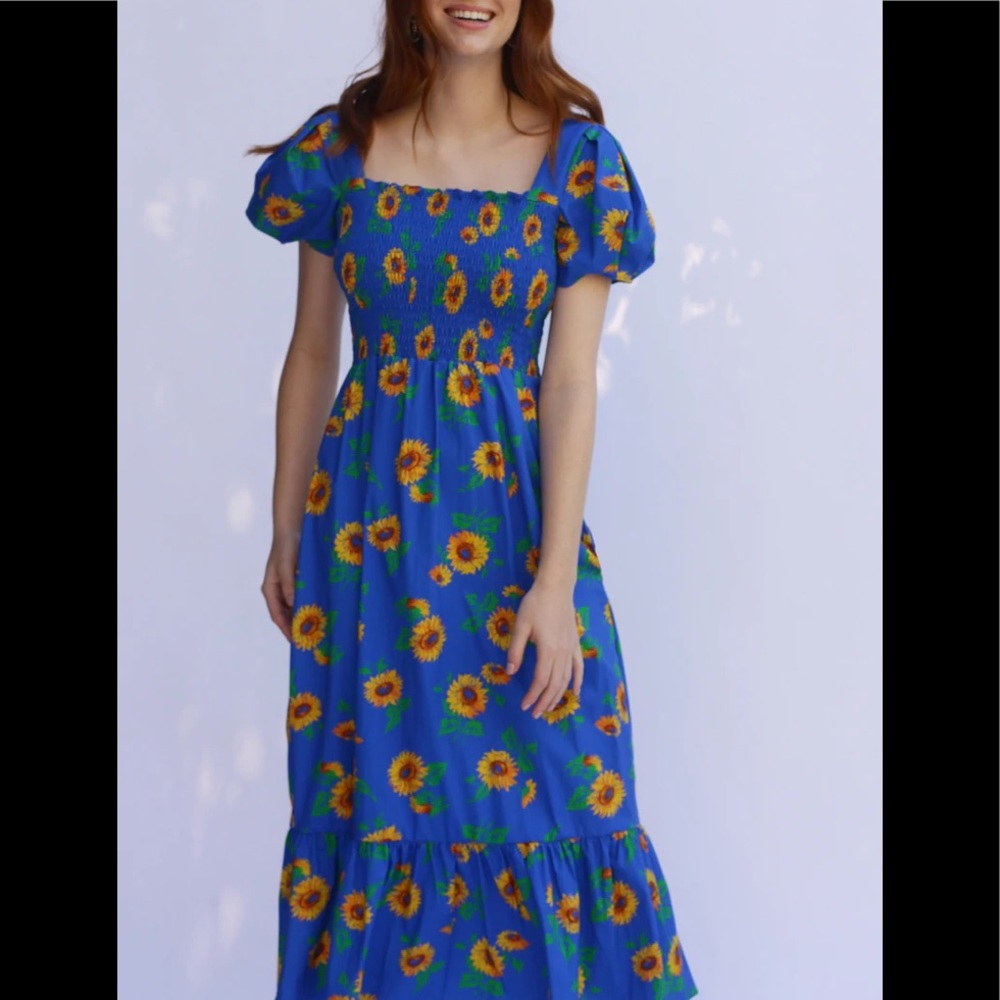 HVN Sunflower Smocked Midi Dress in Blue